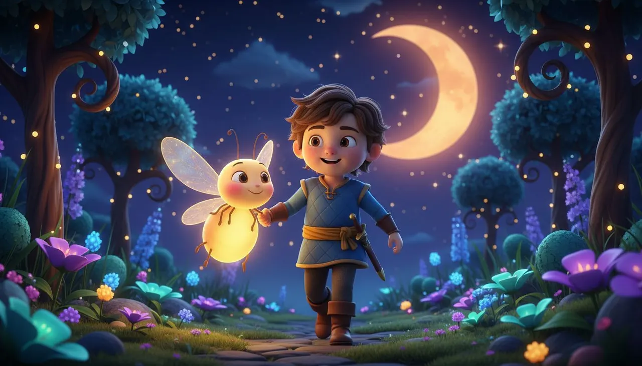 Niño protagonista de un cuento personalizado superando el miedo a la oscuridad acompañado de una luciérnaga