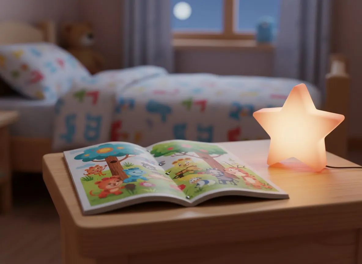 Cuento personalizado impreso en la mesilla junto a una luz quitamiedos en la habitación del niño