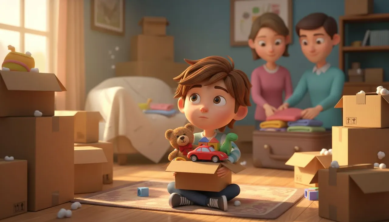 Niño con cara de curiosidad rodeado de cajas de mudanza mientras sus padres preparan el cambio de casa