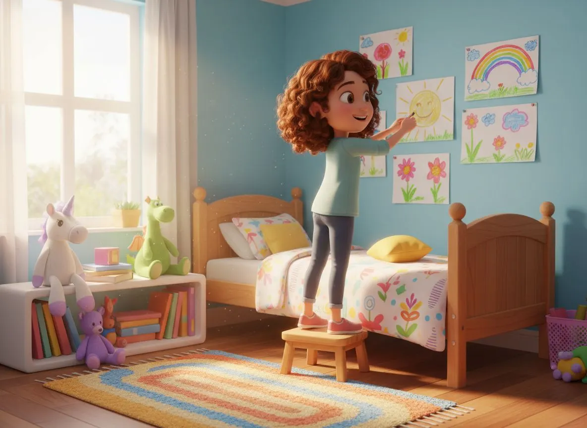 Niña feliz decorando y explorando su nueva habitación tras un cambio de casa