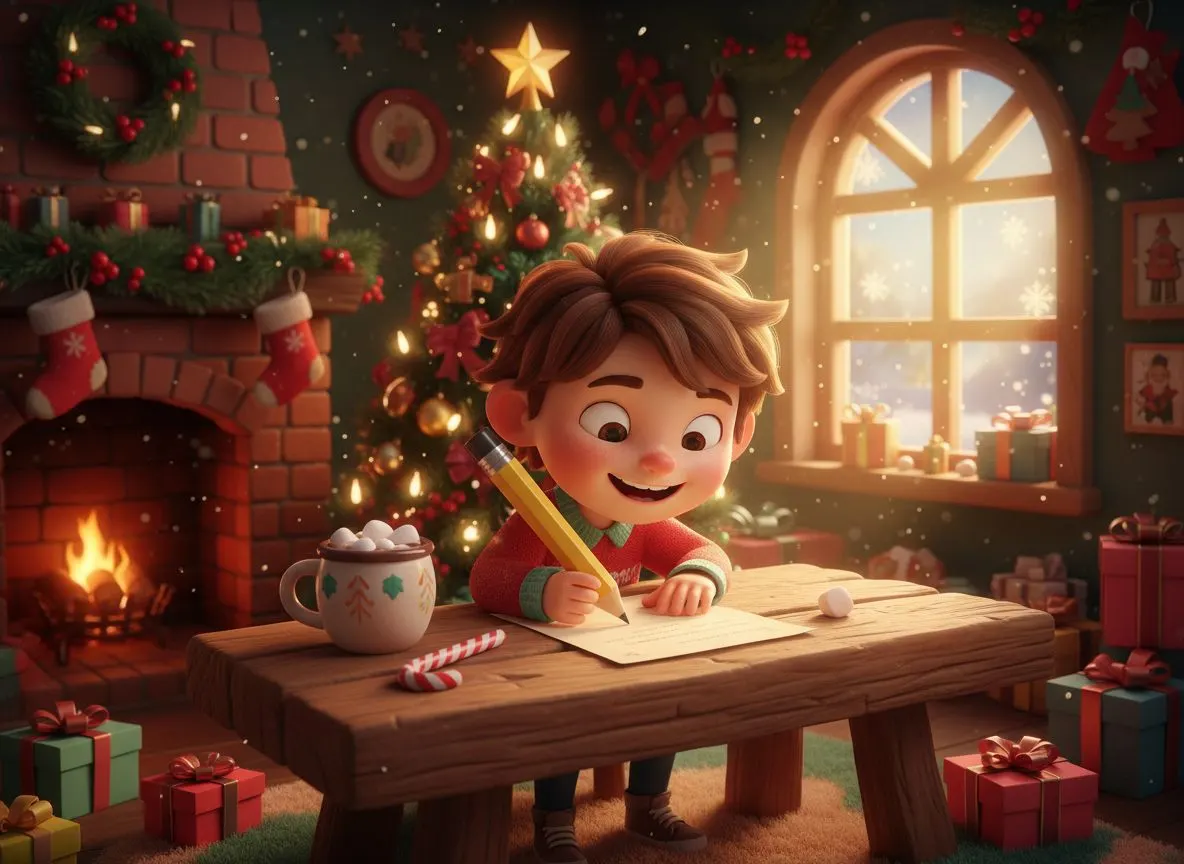 Niño escribiendo su carta a Papá Noel para incluirla en el cuento de Navidad personalizado
