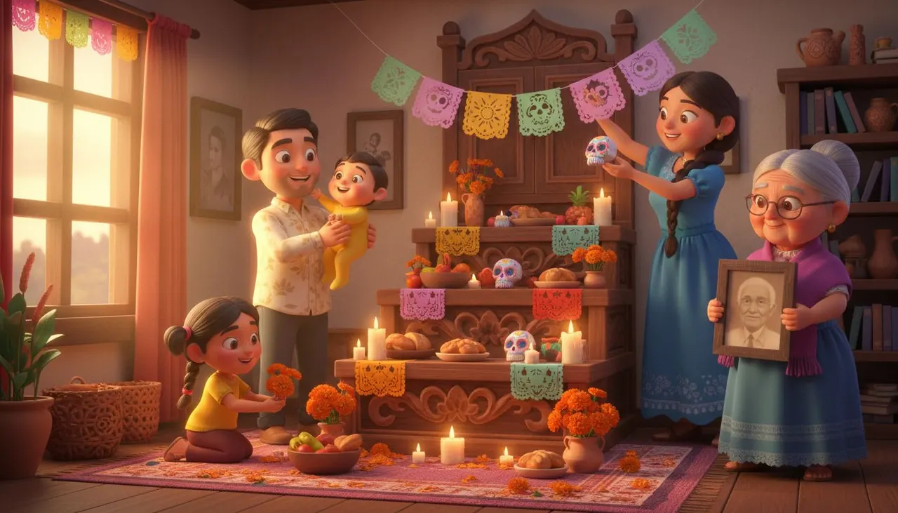 Familia mexicana preparando juntos el altar del Día de Muertos en casa