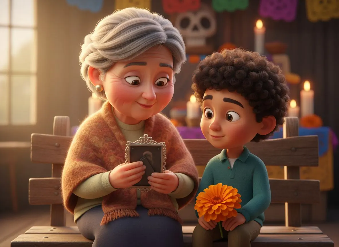Abuela y nieto mirando juntos un retrato en recuerdo de un ser querido