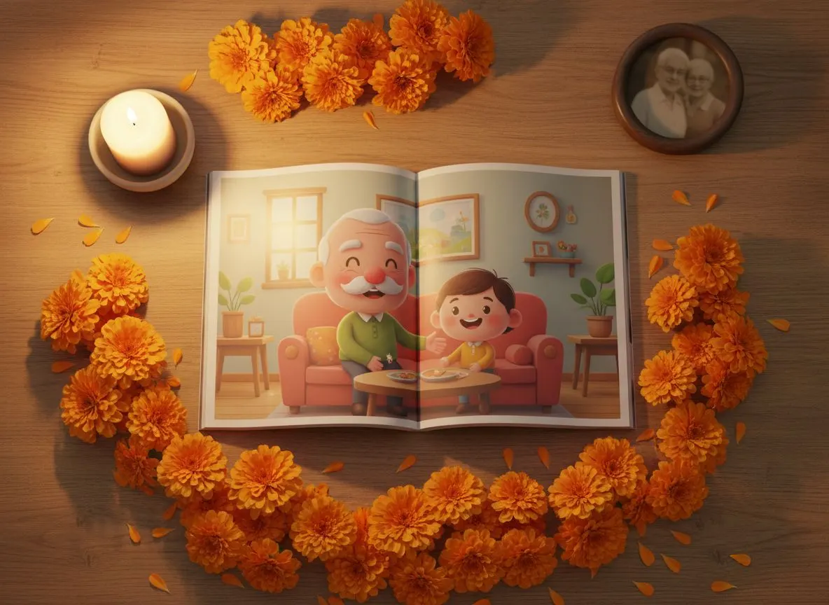 Cuento personalizado del Día de Muertos abierto sobre la mesa rodeado de pétalos de cempasúchil