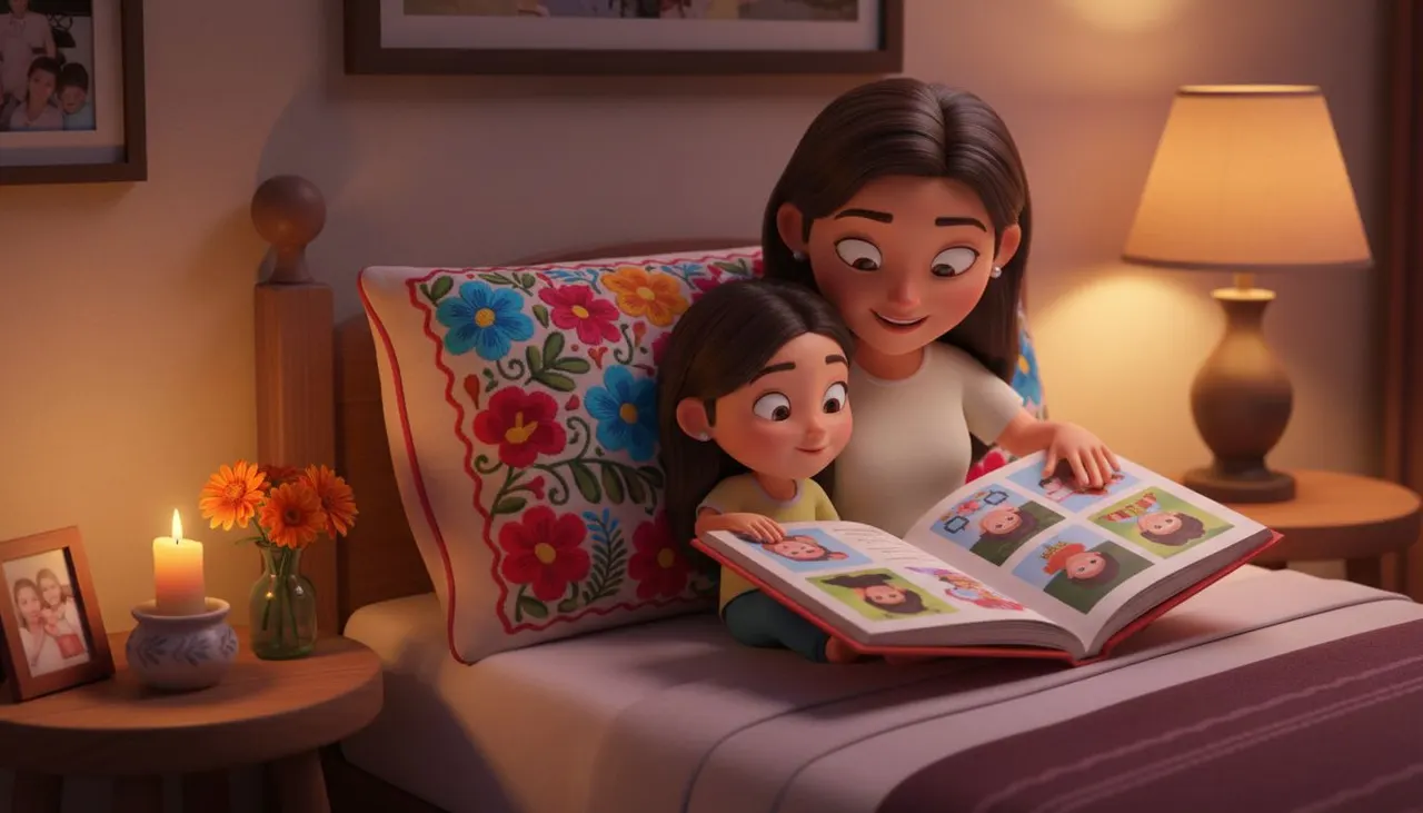 Madre e hija leyendo juntas el cuento personalizado del Día de Muertos en la habitación