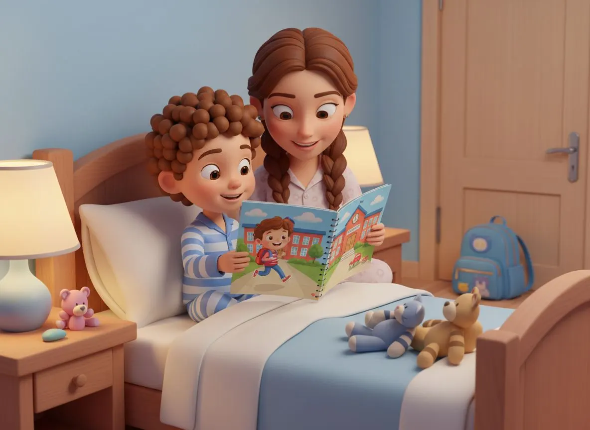 Niño leyendo en su cama con sus padres su cuento personalizado del primer día de colegio