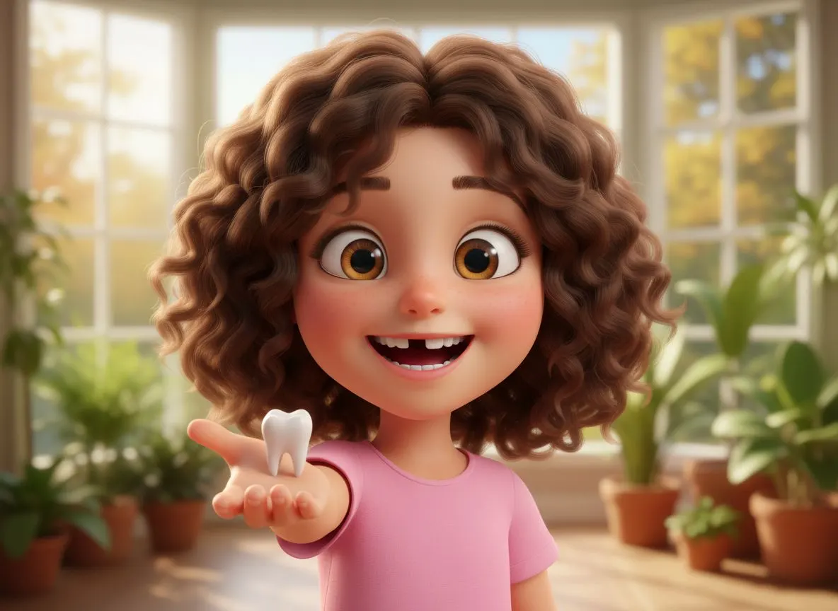 Niña sonriendo mostrando el hueco del primer diente caído