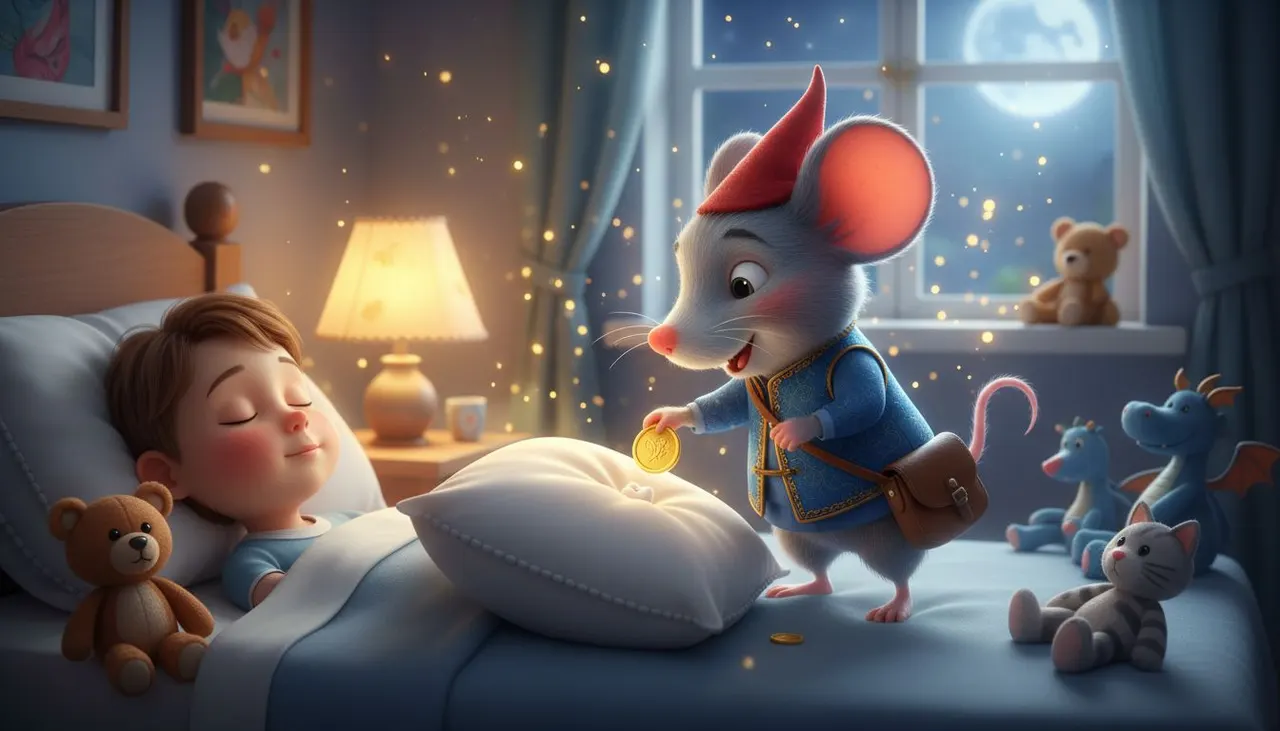 Ratoncito Pérez ilustrado dejando una moneda debajo de la almohada de un niño dormido
