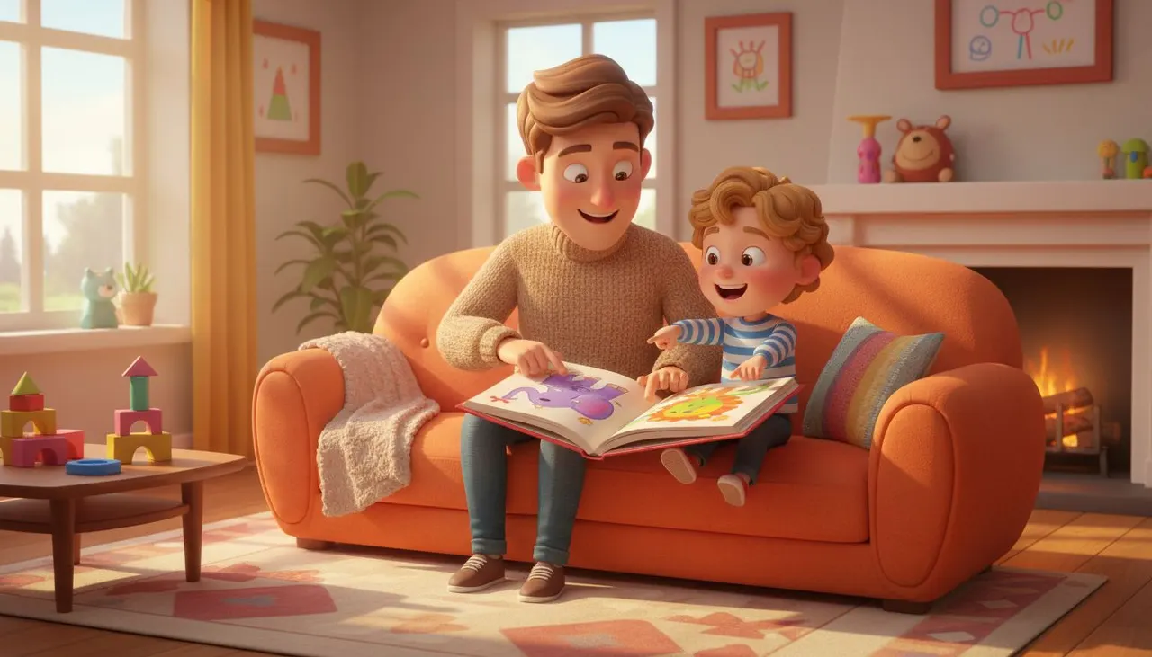 Padre e hijo leyendo juntos un cuento personalizado en inglés para aprender el idioma