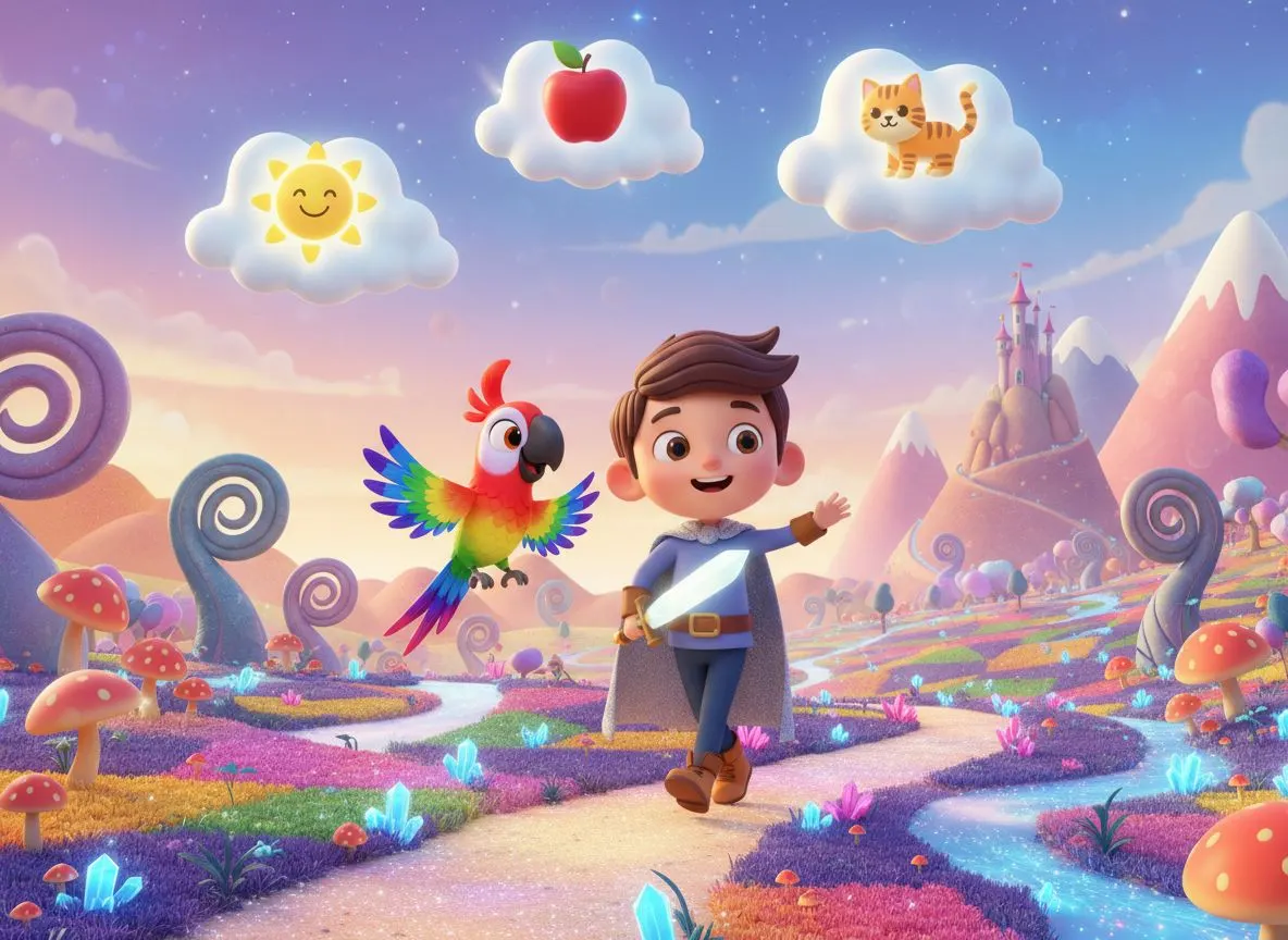 Niño protagonista de una aventura bilingüe con un loro guía en un cuento personalizado