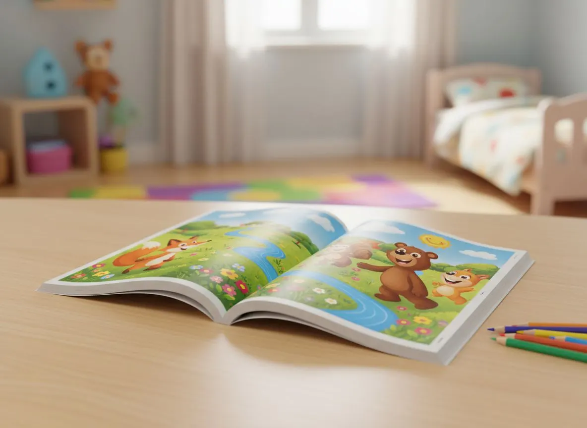 Cuento personalizado impreso y abierto mostrando ilustraciones, versión física del libro bilingüe