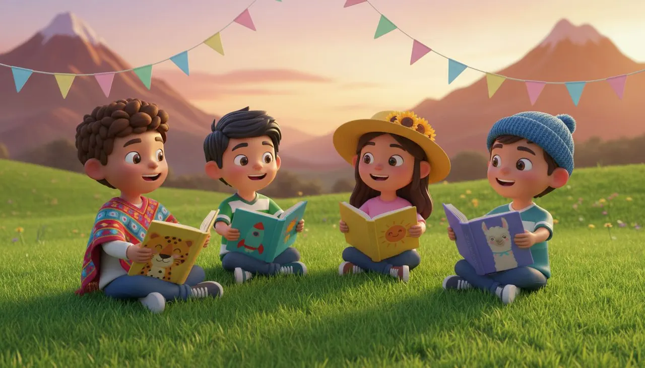 Niños de distintos países latinoamericanos leyendo juntos sus cuentos personalizados