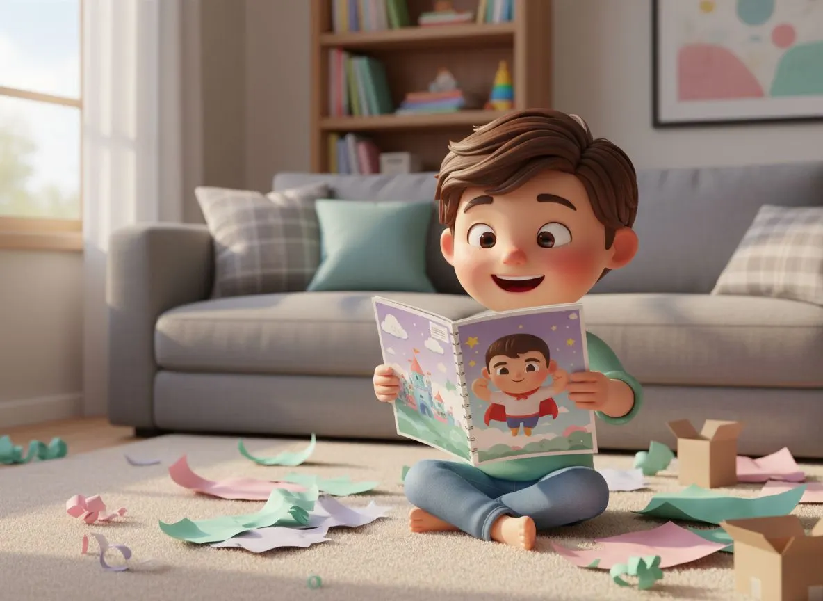 Niño abriendo el regalo del Día del Niño y descubriendo su cuento personalizado