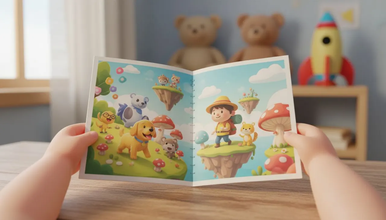 Detalle del cuento personalizado abierto mostrando al niño protagonista en su aventura