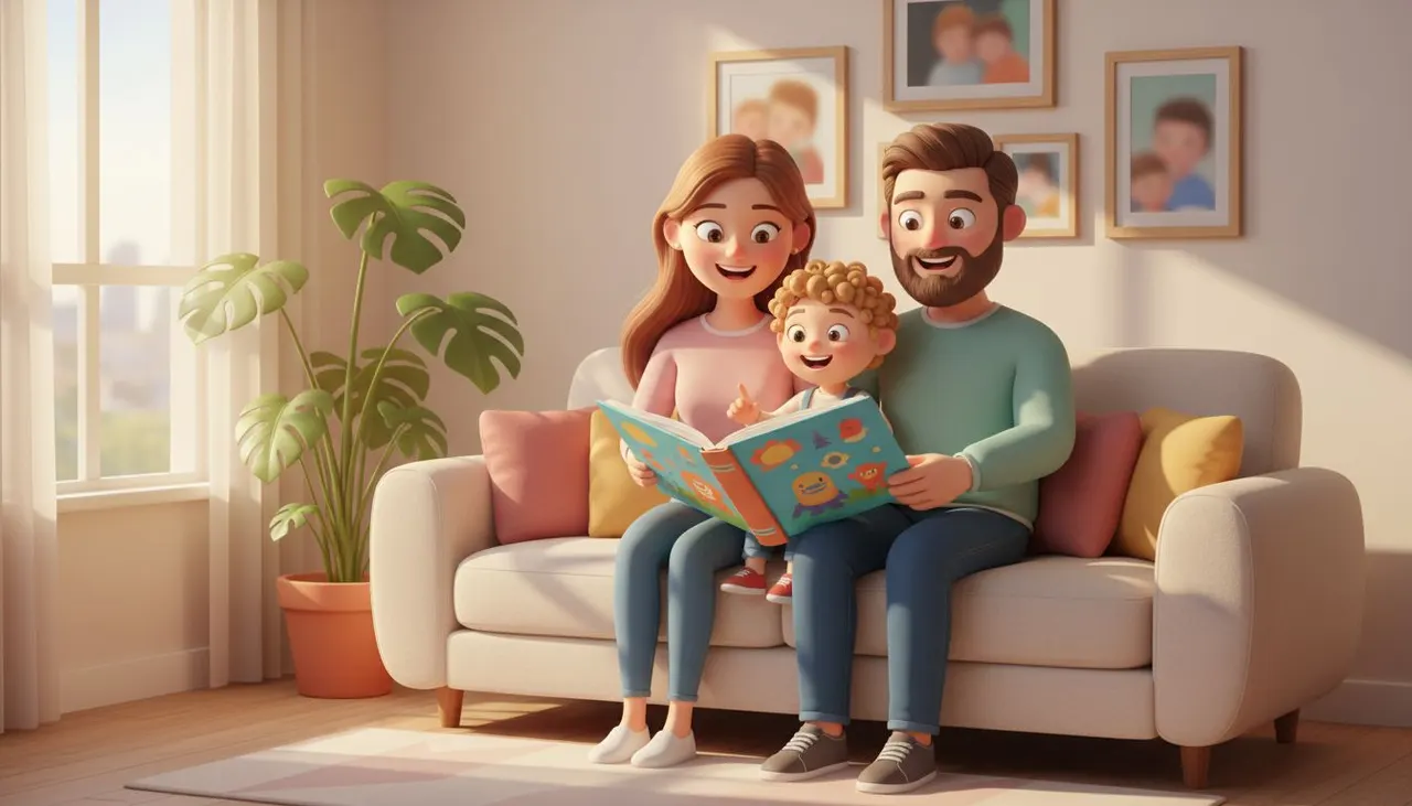 Familia leyendo juntos el cuento personalizado del Día del Niño en el salón