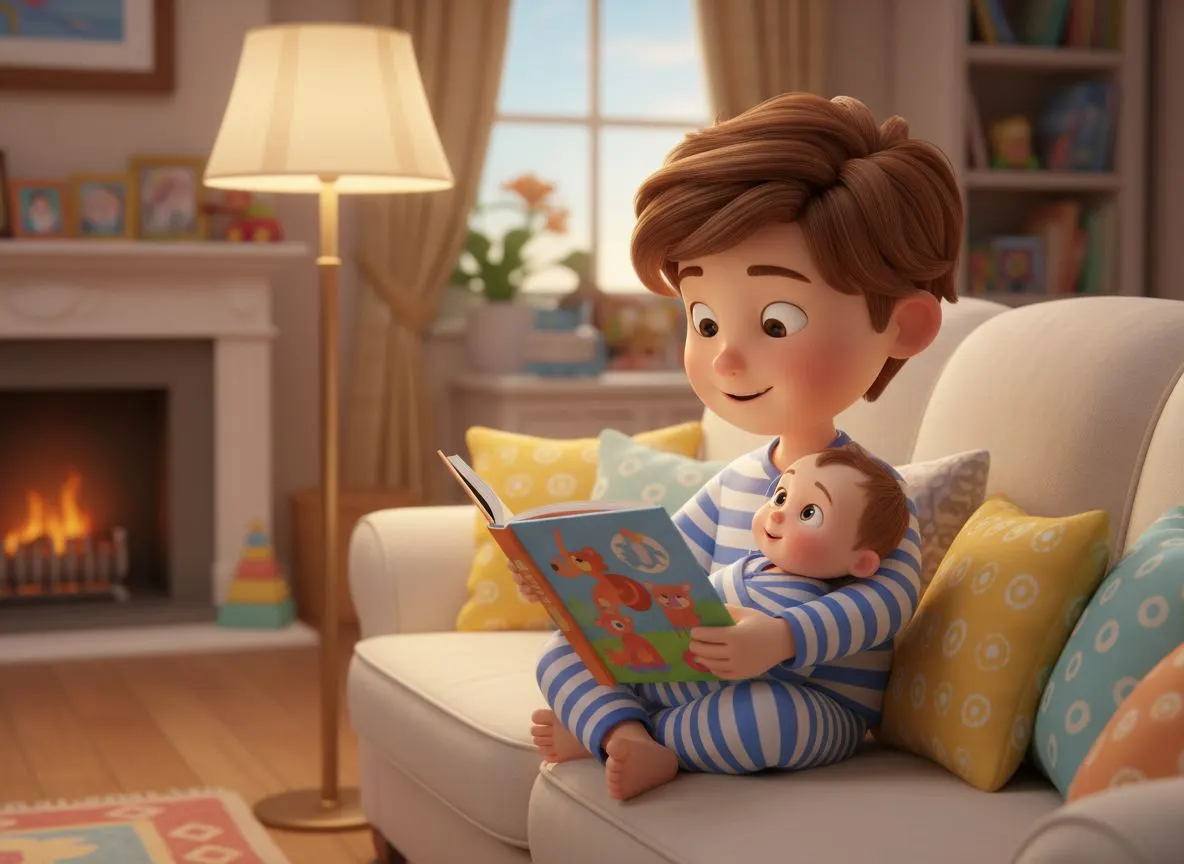 Hermano mayor leyendo cariñosamente un cuento al hermanito bebé en el sofá