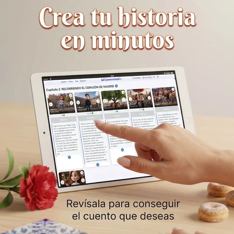 Wizard de creación del cuento personalizado de San Isidro para José y Ana, historia de amor entre las verbenas de Madrid