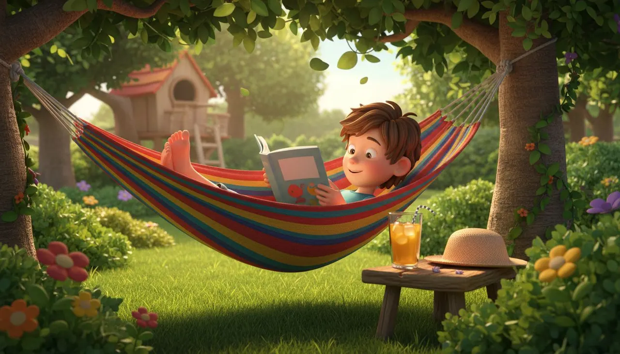 Niño leyendo relajado en una hamaca en el jardín durante las vacaciones de verano