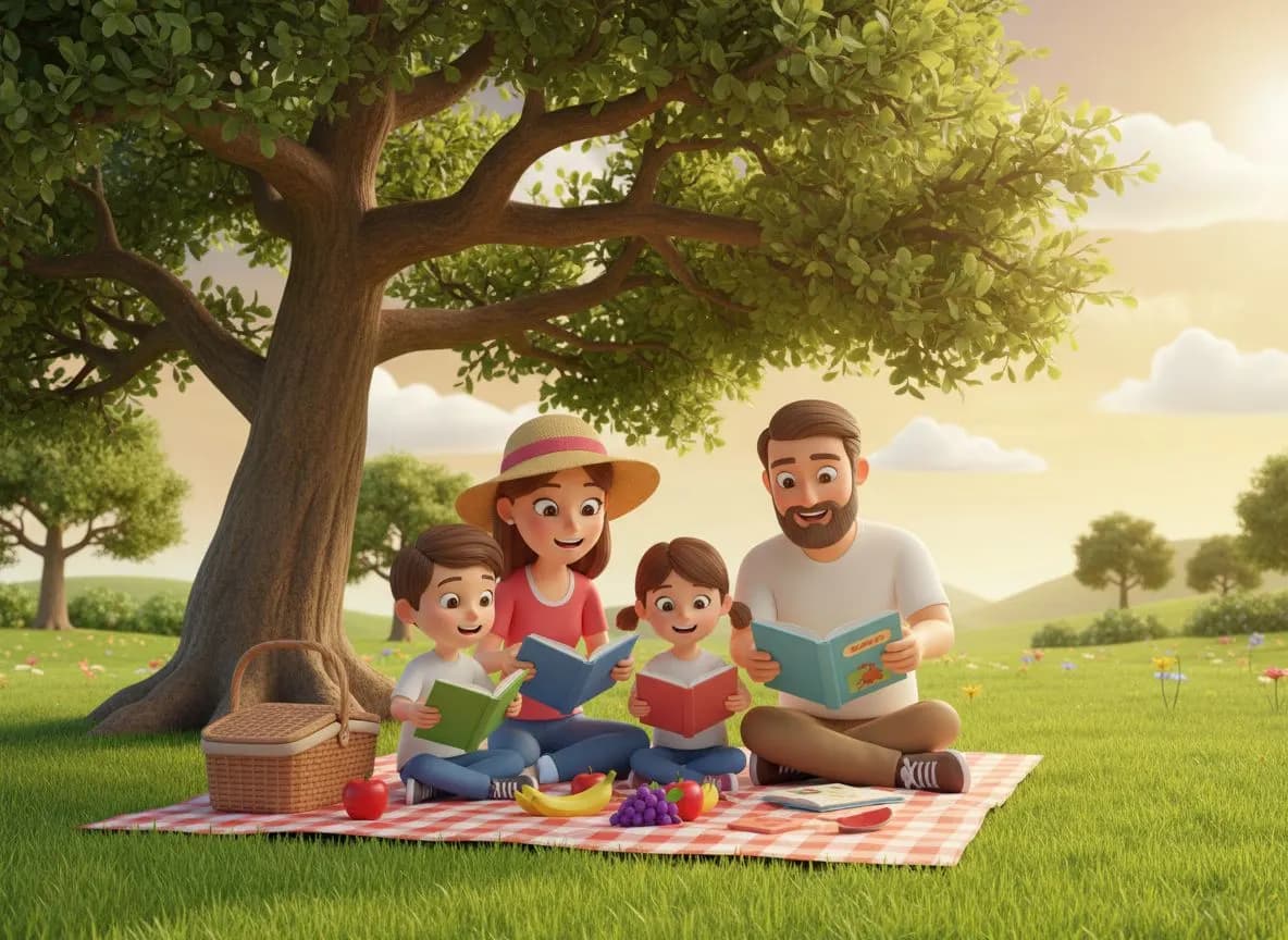 Familia leyendo junta sobre una manta de picnic en un parque, actividad de lectura para niños en verano