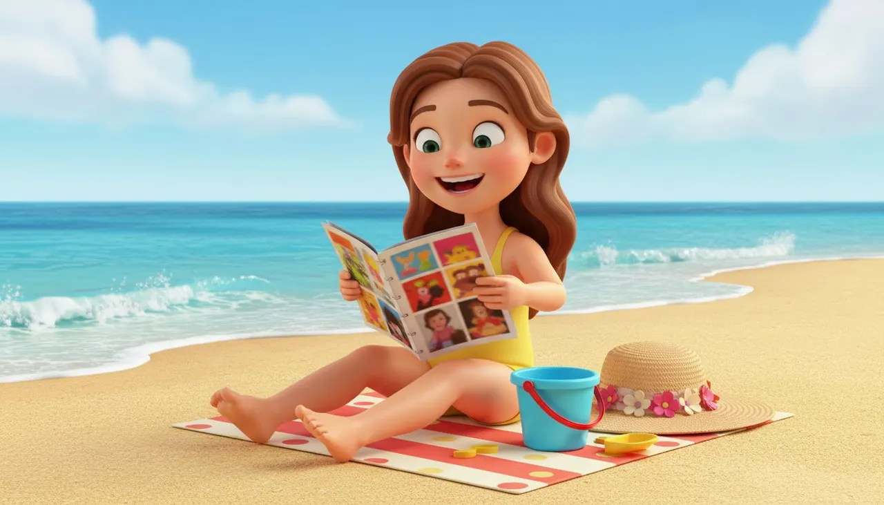Niño en la playa hojeando su cuento personalizado impreso durante las vacaciones de verano