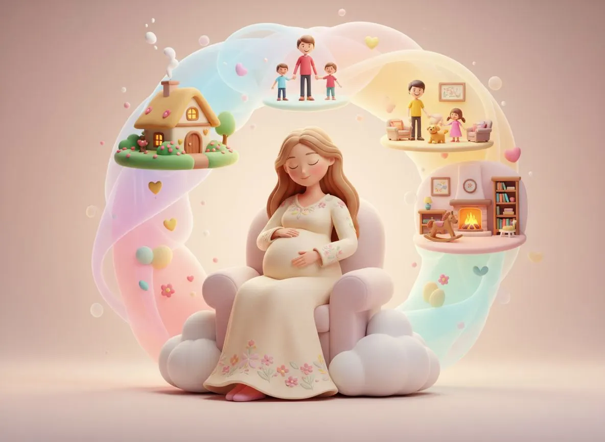 Futura mamá imaginando la historia de su familia, idea para un cuento personalizado de regalo