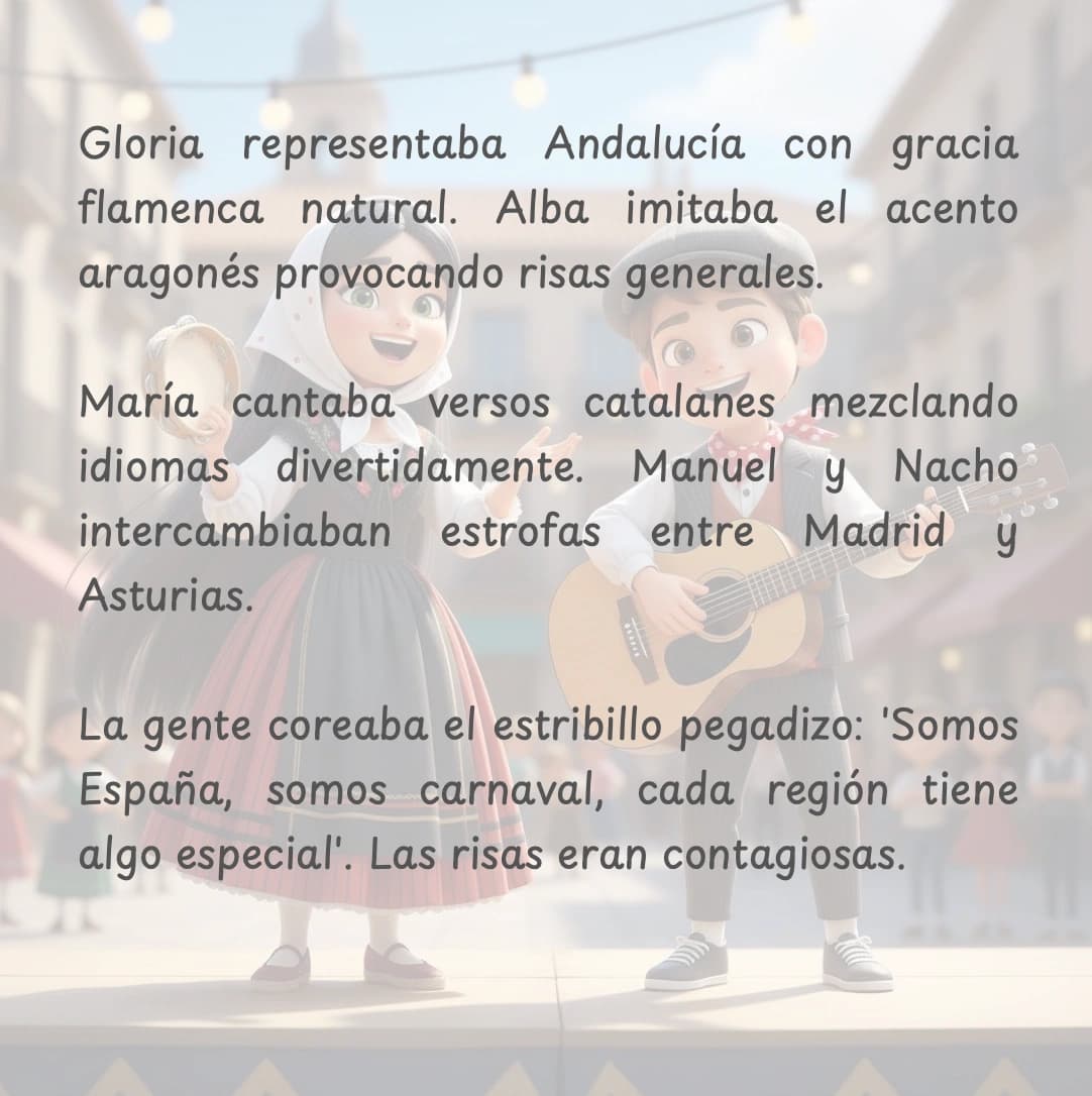 Página del cuento con el traje de fallera de Ángela