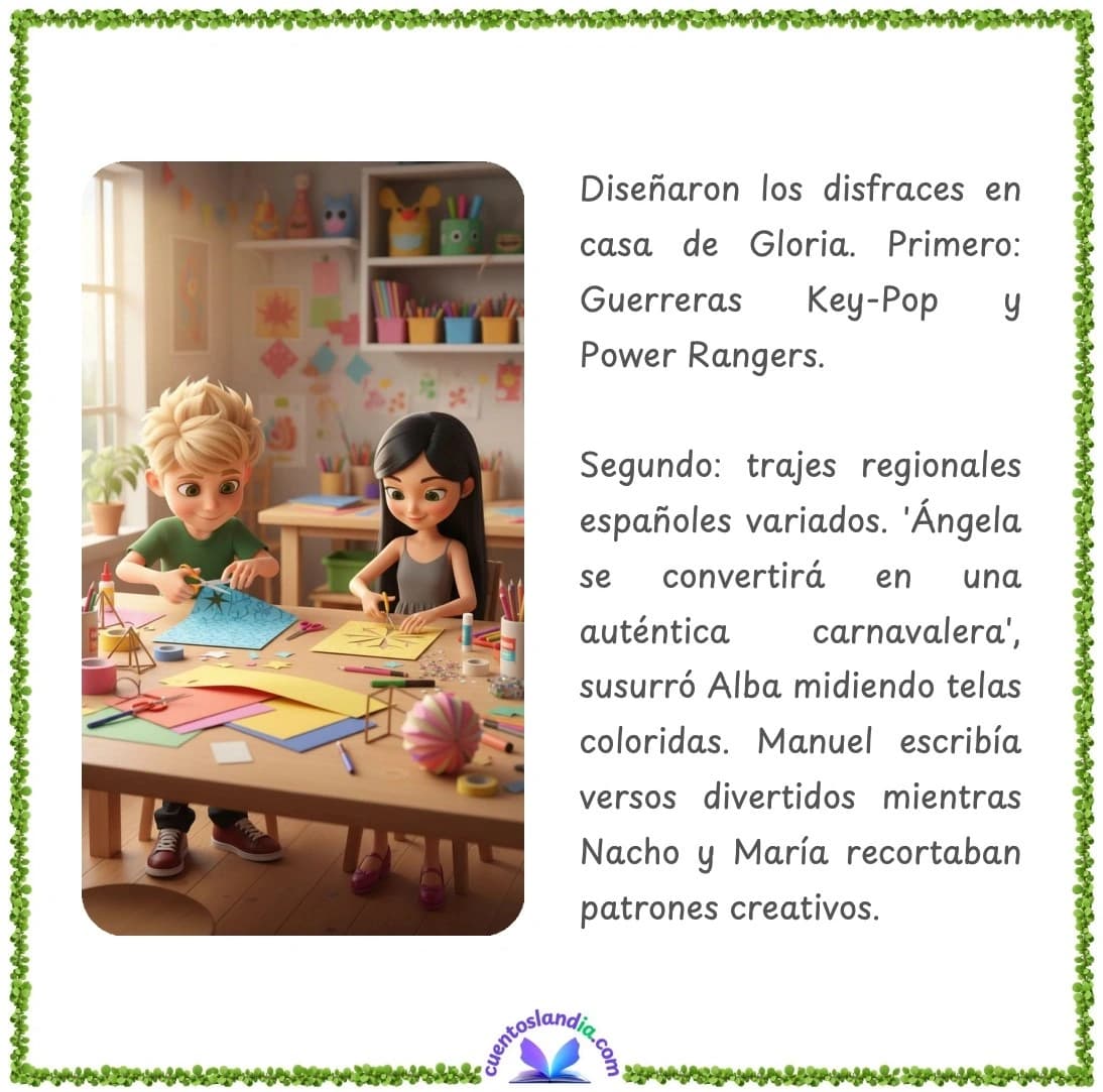 Ilustración del cuento mostrando la preparación de los disfraces