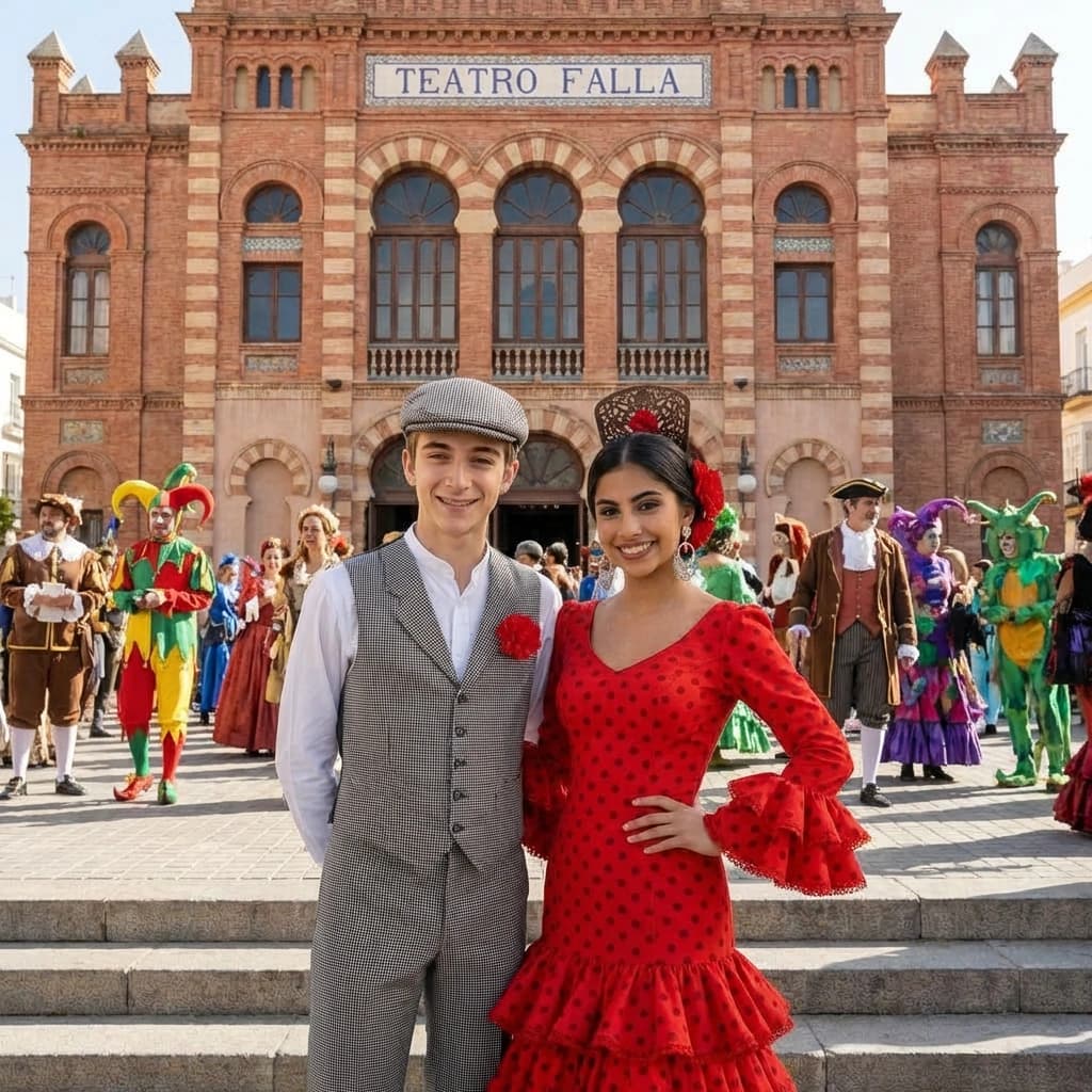 Ángela y el grupo con trajes regionales tradicionales en Cádiz