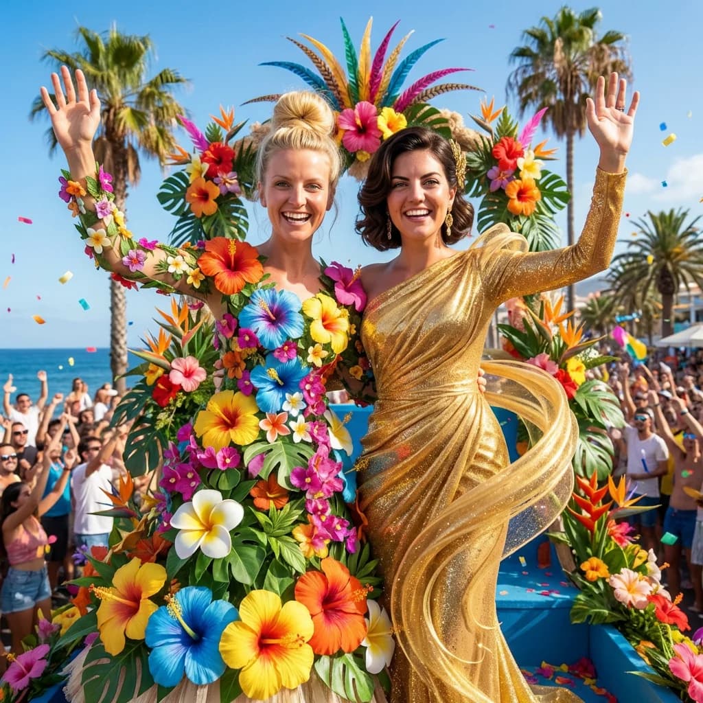 Foto real de amigas con disfraces de reinas del carnaval representando las Islas Canarias