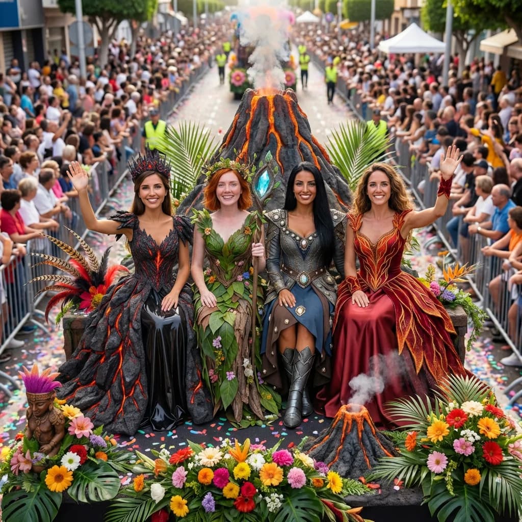 Foto real de mujeres disfrazadas en carroza durante el Carnaval de Tenerife
