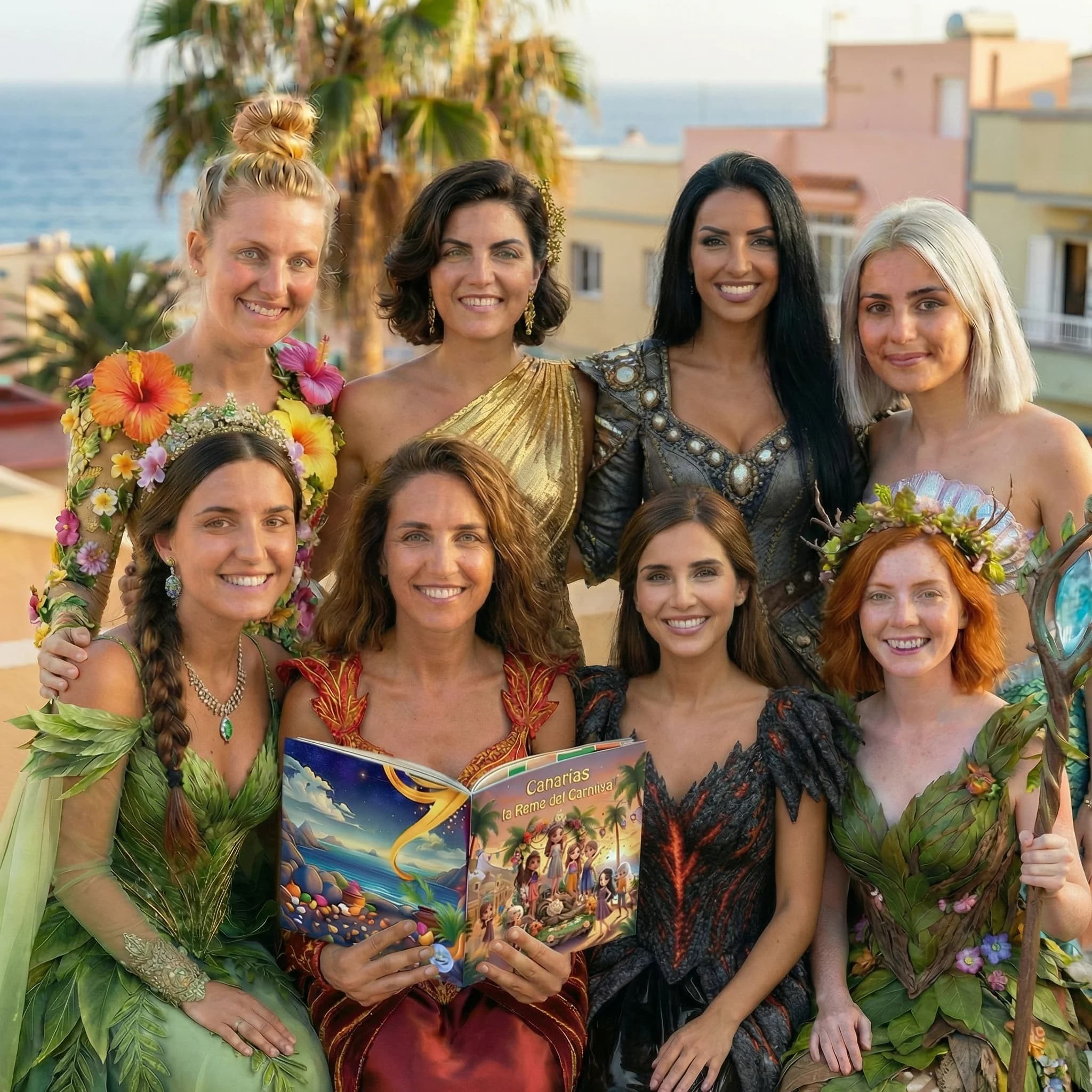 Grupo de amigas celebrando el carnaval con un cuento personalizado