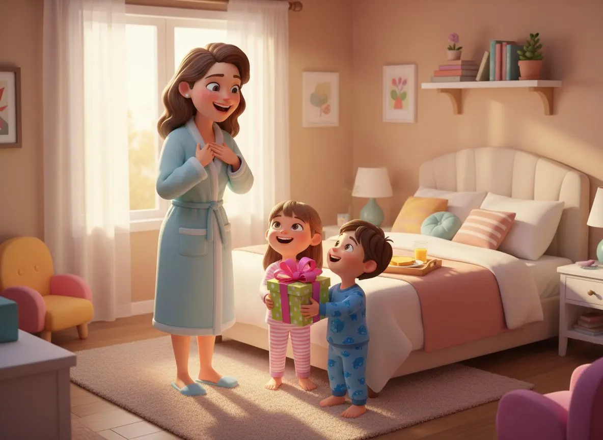 Dos niños entregando un regalo del Día de la Madre personalizado a su madre