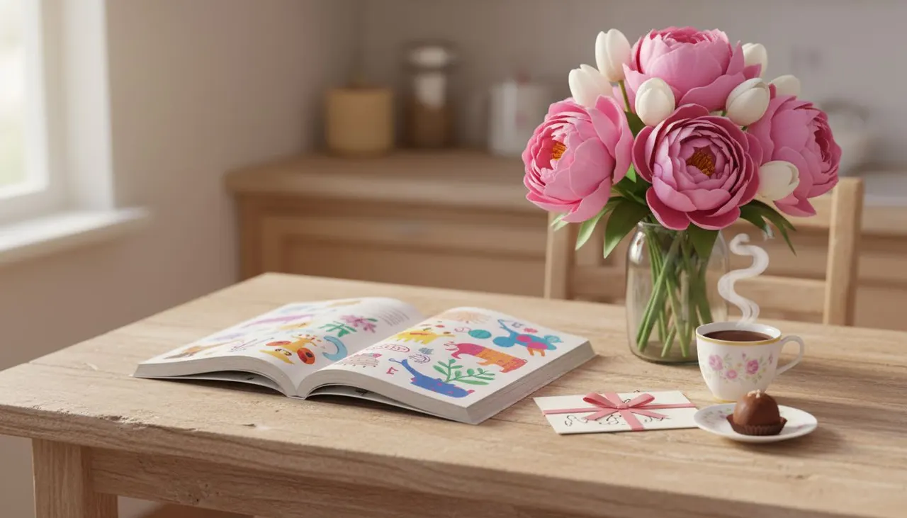 Cuento personalizado del Día de la Madre como regalo físico sobre una mesa con flores