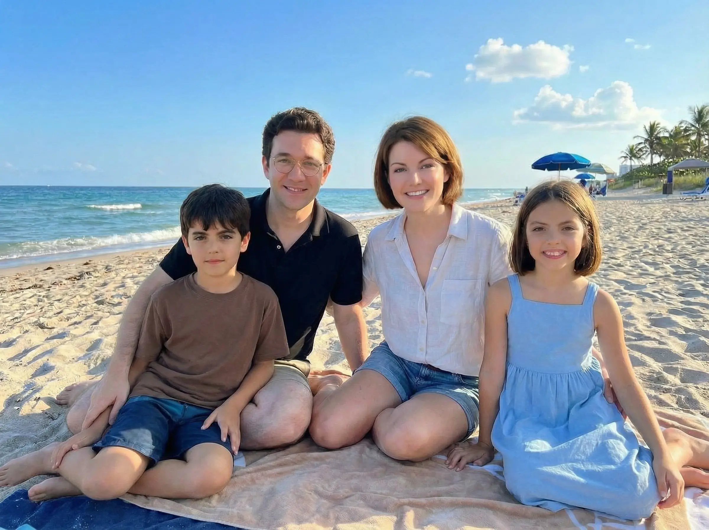 Foto real de familia en la playa para crear un cuento personalizado del Día del Padre