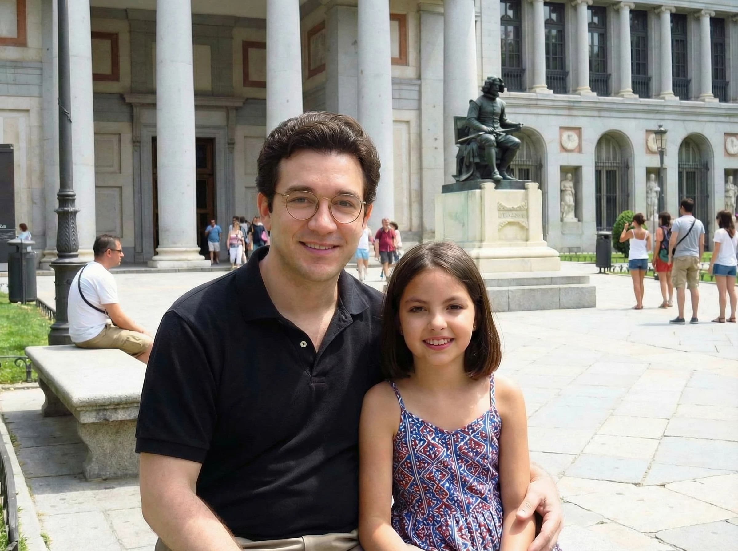Foto real de padre con su hija en un museo - momento capturado para un cuento del Día del Padre