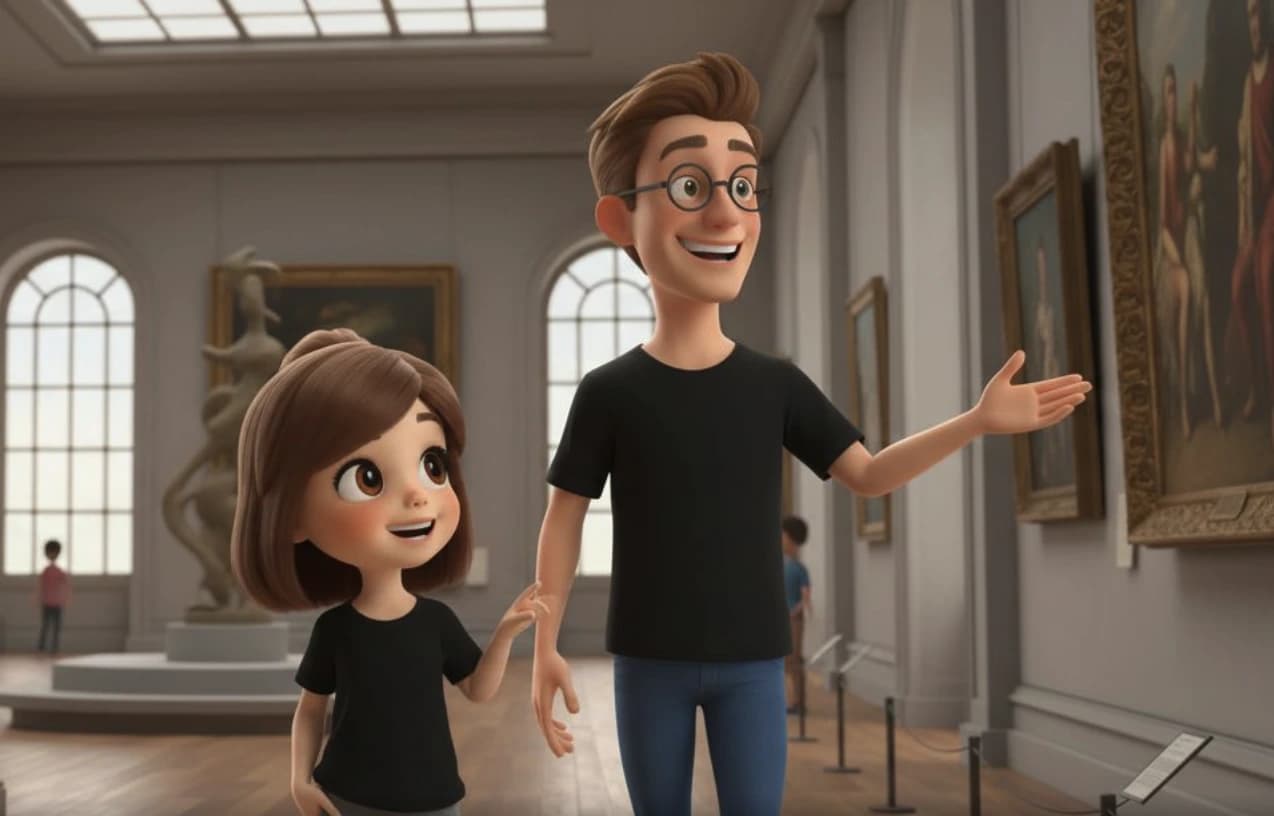 Ilustración IA de padre con hija en museo - transformando recuerdos reales en arte para cuentos personalizados
