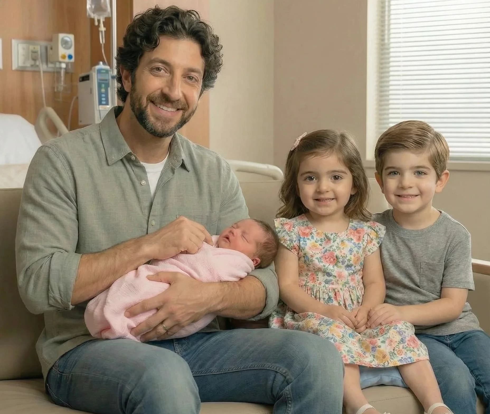 Foto real de Ricardo con sus tres hijos - momento capturado para el cuento personalizado del Día del Padre