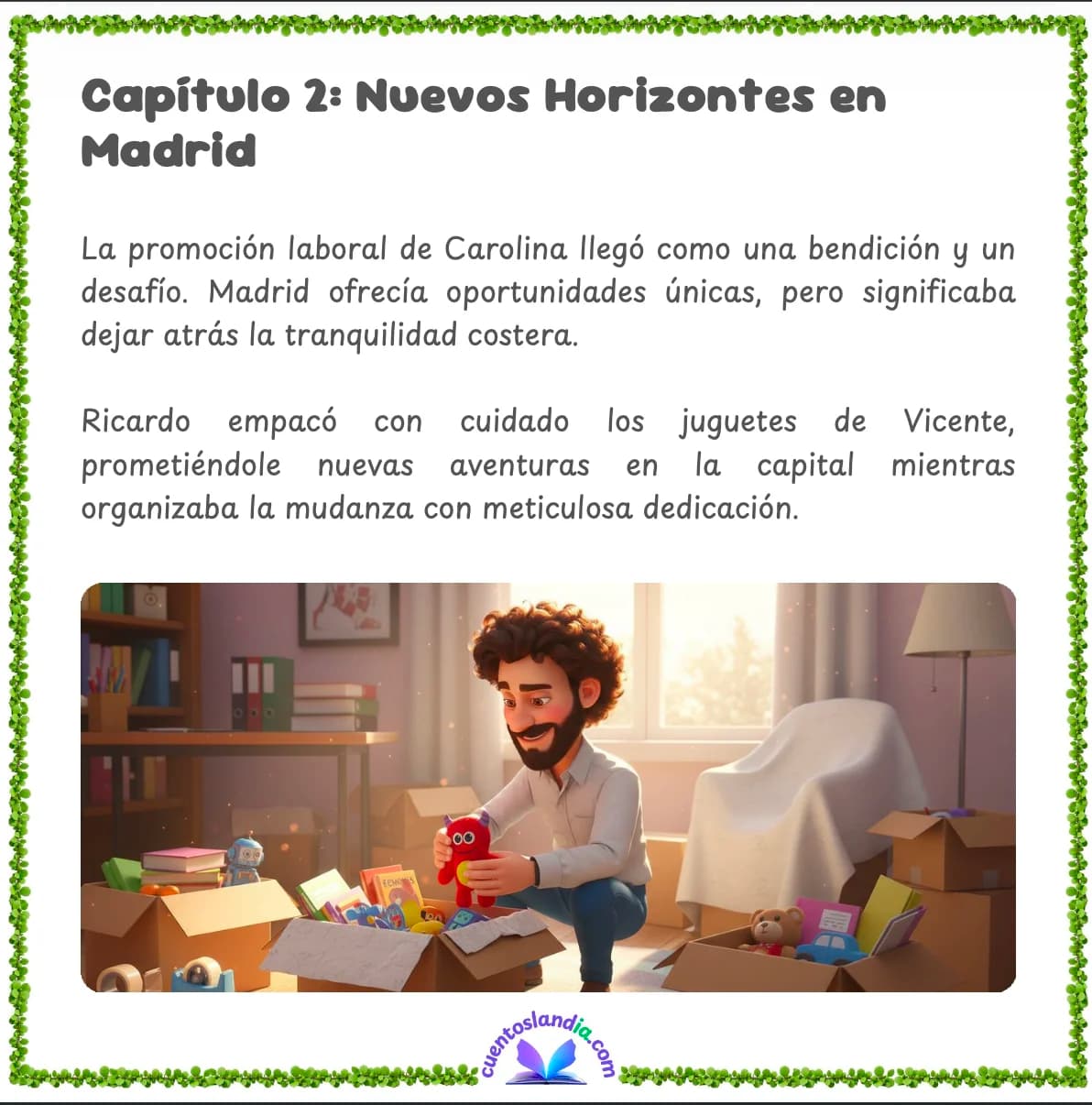 Página del cuento personalizado Día del Padre mostrando la mudanza a Madrid con Ricardo preparando la habitación con estrellas fosforescentes
