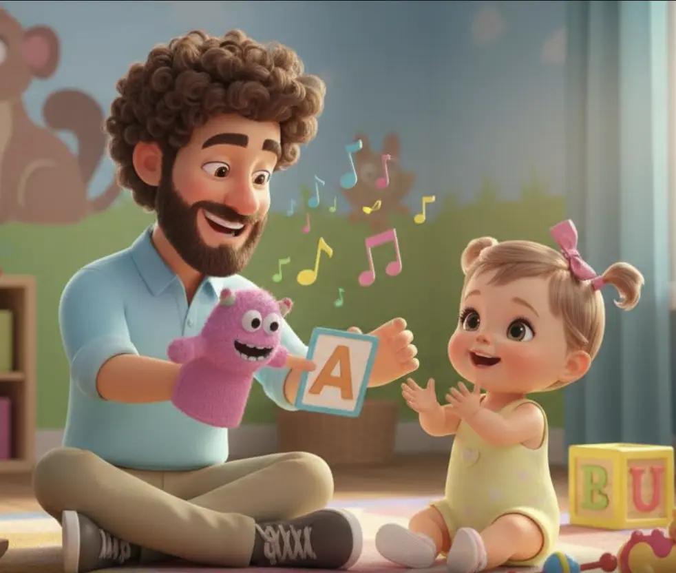 Ilustración IA de Ricardo enseñando a Amalia sus primeras palabras con juegos didácticos - cuento personalizado Día del Padre