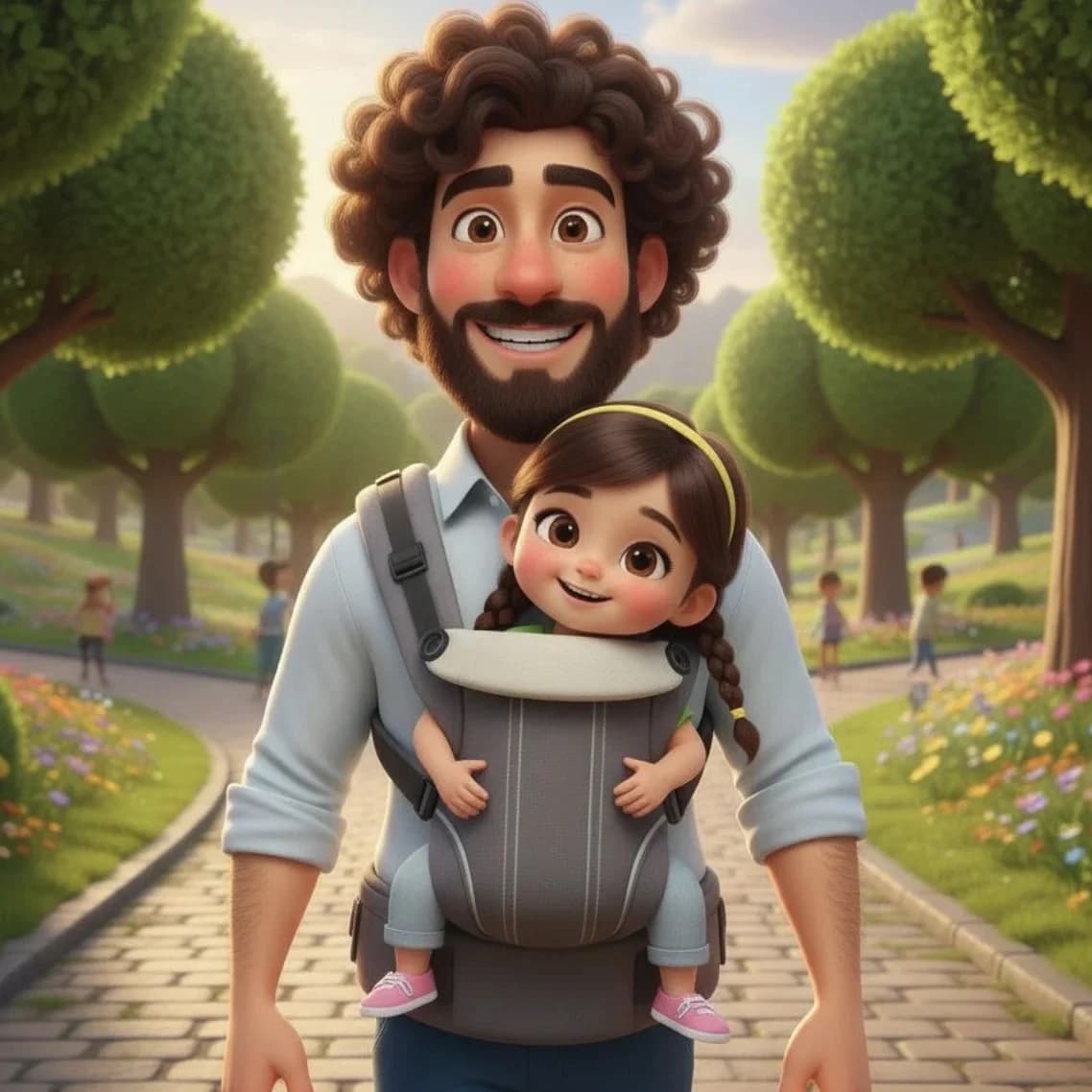 Ilustración IA del cuento mostrando los paseos dominicales por el Retiro con Catalina en portabebés - regalo personalizado Día del Padre