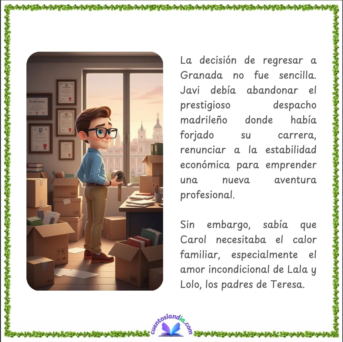 Ejemplo de página del cuento personalizado del Día del Padre mostrando el sacrificio de Javi al dejar Madrid