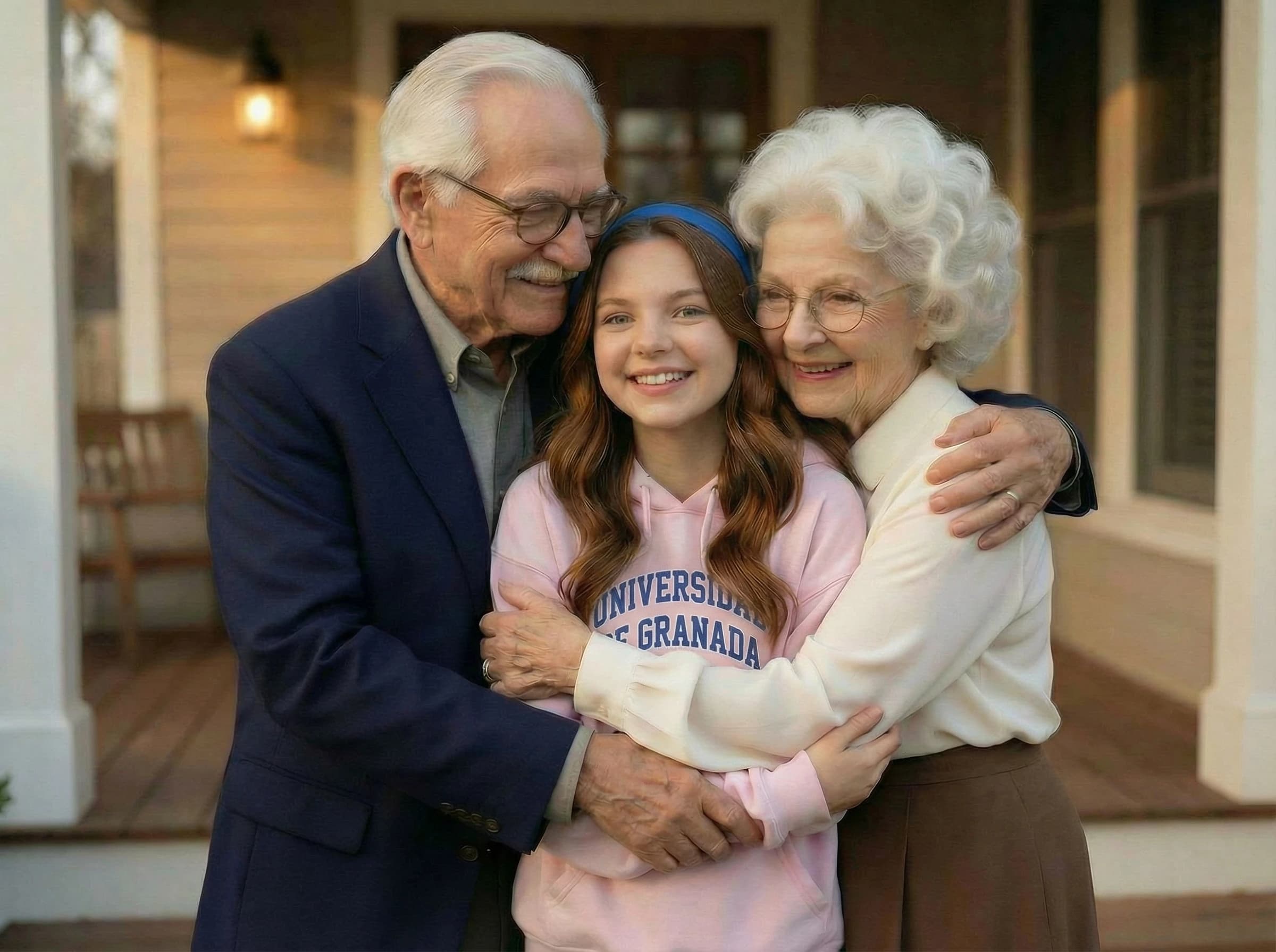 Foto real de Lala y Lolo con Carol - abuelos con nieta capturada para cuento del Día del Padre