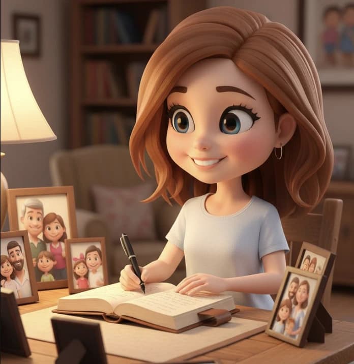 Teresa escribiendo el diario de Carol - ilustración IA del cuento personalizado del Día del Padre