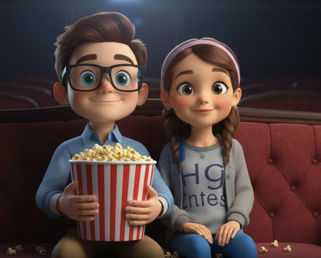 Javi y Carol en el cine - ilustración IA de su tradición de tardes de cine