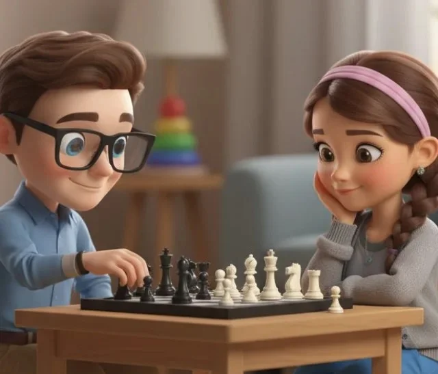 Javi jugando ajedrez con Carol - ilustración IA del cuento personalizado del Día del Padre
