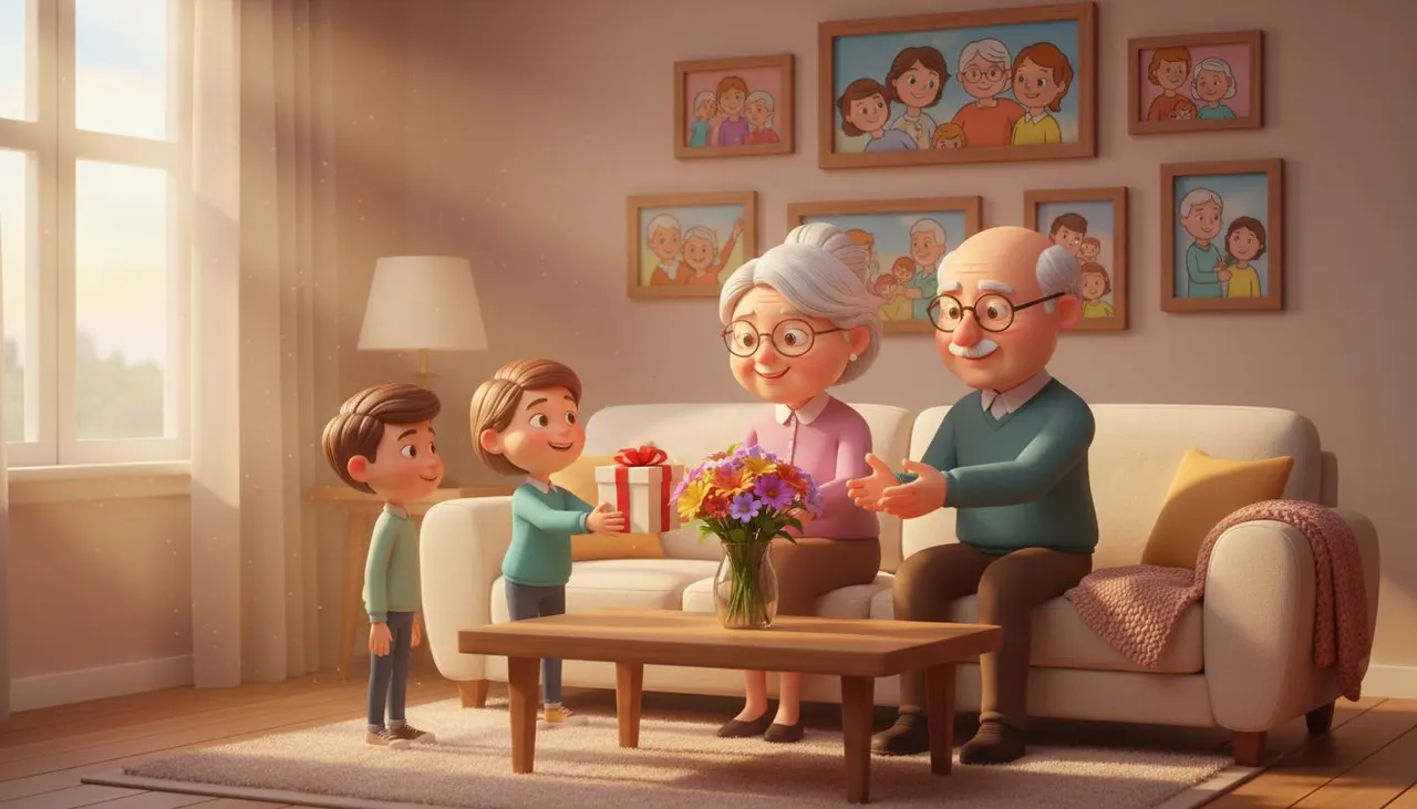 Abuelos emocionados recibiendo un regalo personalizado de manos de sus nietos en el salón