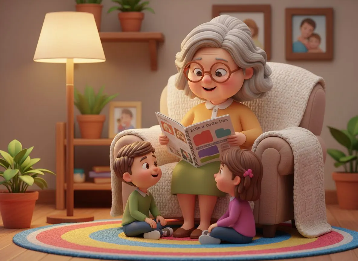 Abuela leyendo cuento personalizado en el sofá junto a sus nietos, regalo del Día de los Abuelos