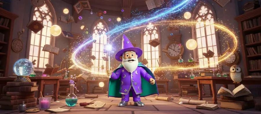 Un mago con túnica morada traza un círculo de luz con su varita en un aula llena de libros, relojes y frascos