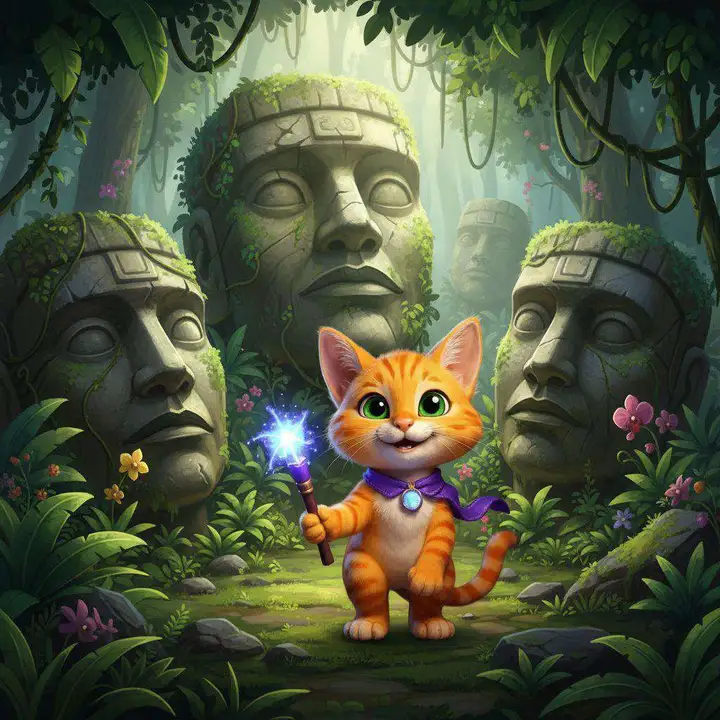 Un gato con capa de mago sostiene una varita entre enormes cabezas de piedra olmecas cubiertas de musgo en plena selva