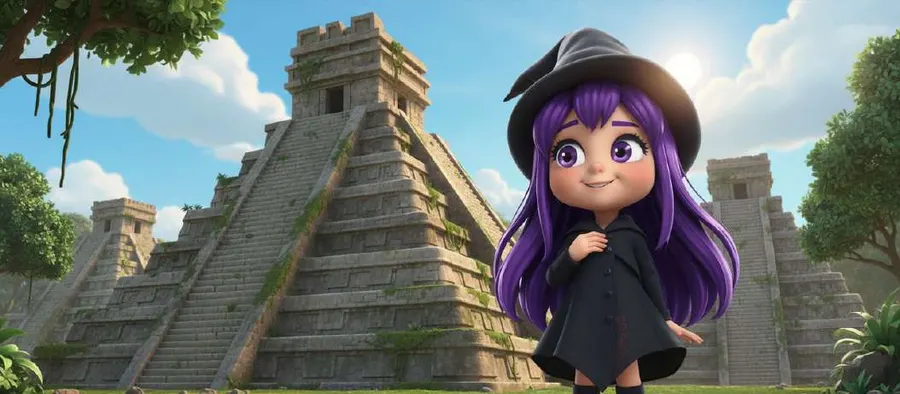 Una niña con sombrero de bruja posa ante una pirámide maya escalonada bajo un cielo azul con nubes